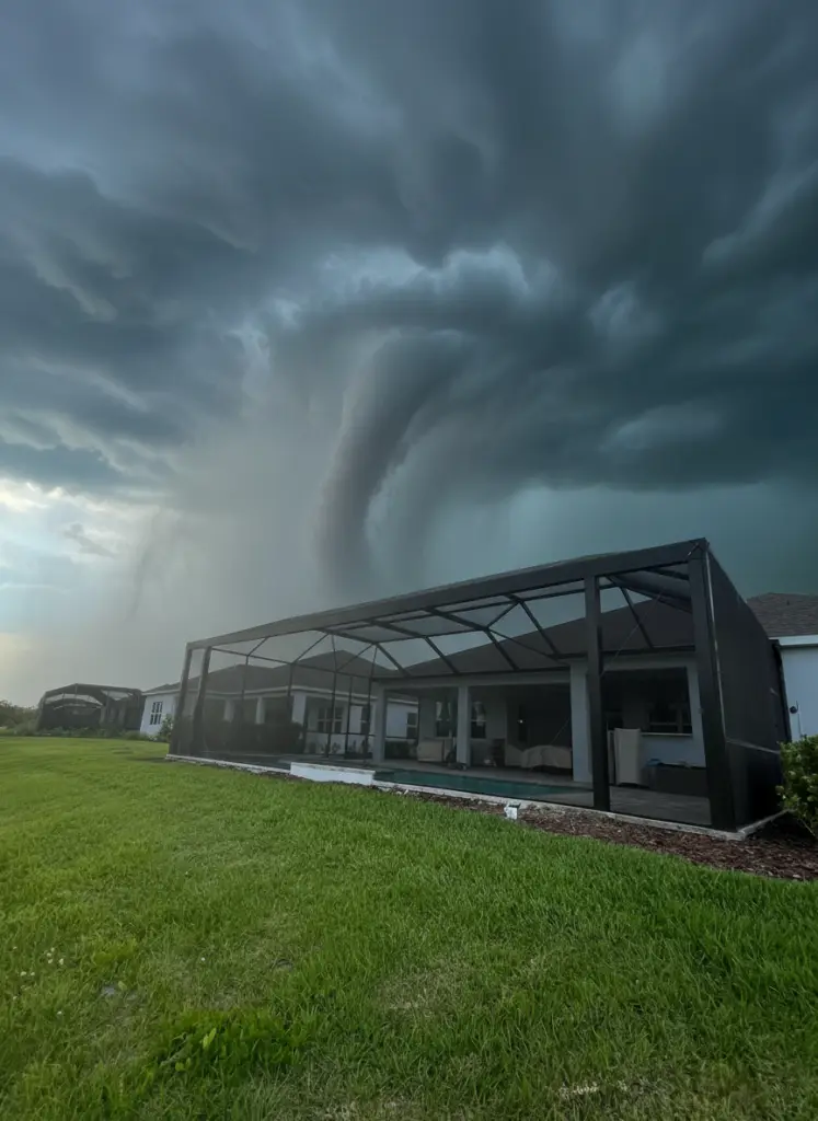 beautifull pool cage and a huge storm aproach