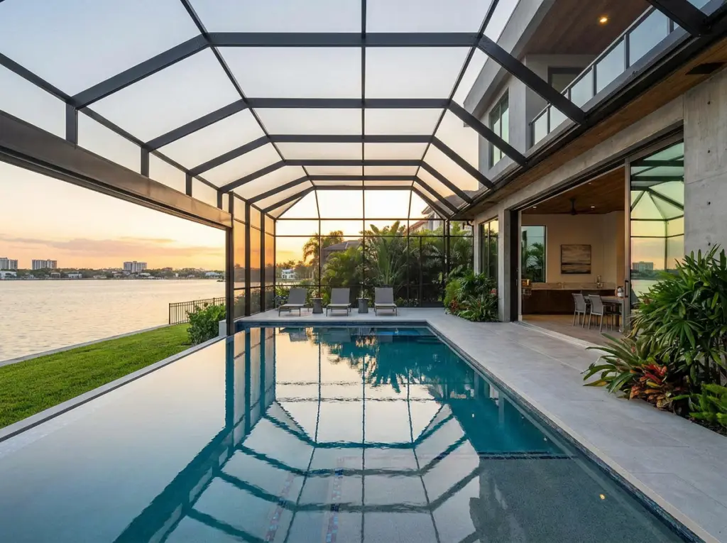 Modern Pool Cage Painting finishing a Panoramic Screen View at luxury home by the water's edge.