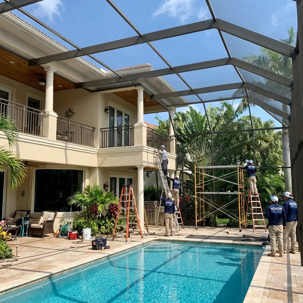 Modern Pool cage Painting workers doing a pool enclosure job