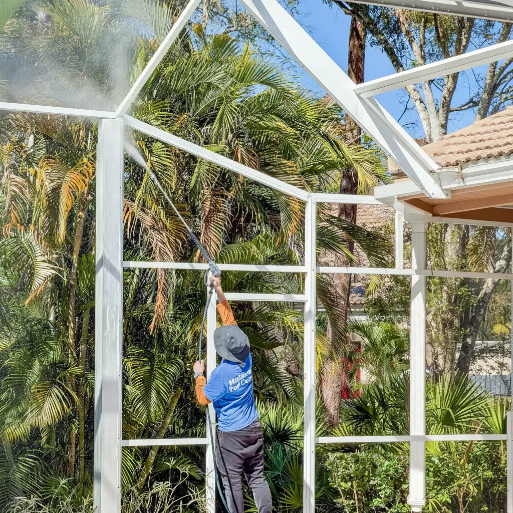 pressure washing a pool cage