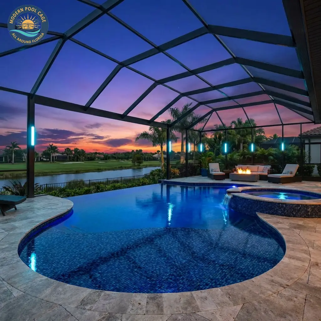 Pool Cage Lighting by Modern Pool Cage Painting. Sunset lighting.