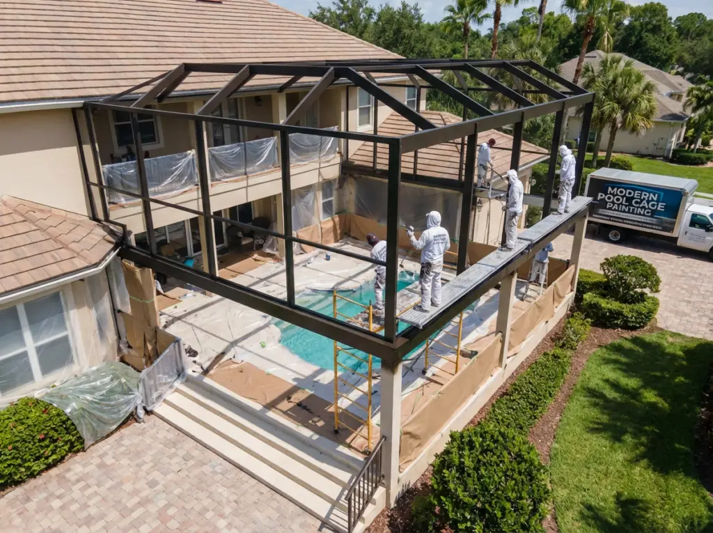 Workers at Modern Pool cage Painting are spraying the pool enclosure.